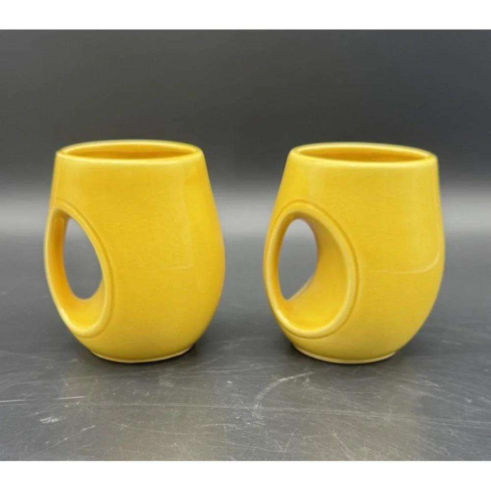 Vintage Bright Yellow Ceramic Tea Cups Set Of 8 MCM Japan Circular Handle 6-7 Oz